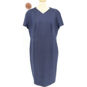 Hugo Boss Wool Deitua Navy Blue Sheath Dress‎ V-neck Short Sleeve Lined Size 14